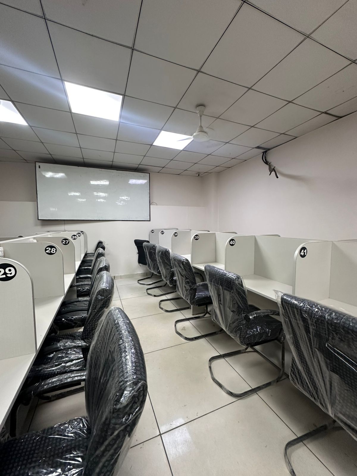 Library study cubicles with numbered seats